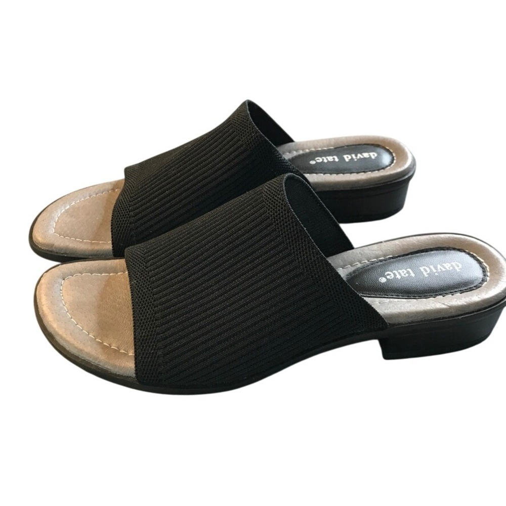 David Tate HSS22-813 Black Ribbed‎ Knit Slide Sandals Low Block Heel Womens 7.5N